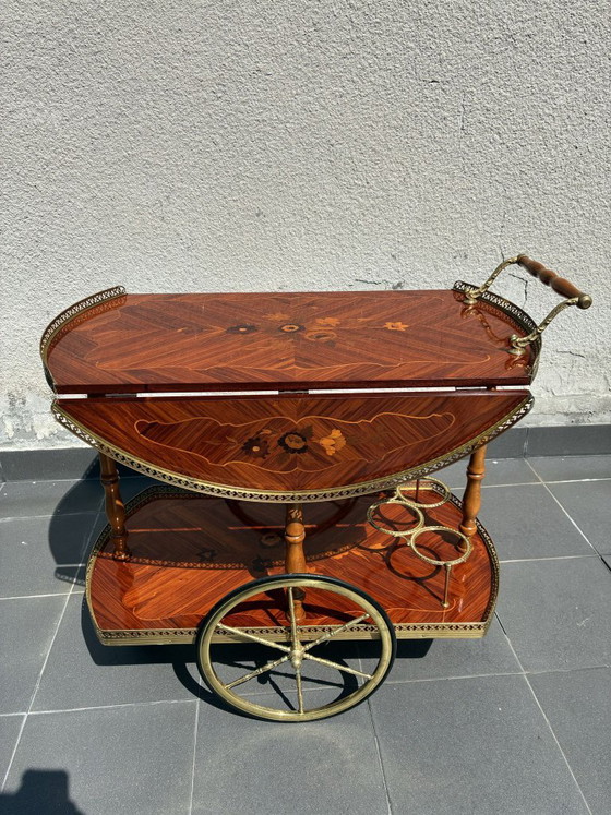 Carrello bar italiano in intarsio e ottone, metà del XX secolo, Carrelli bar, Legno, Marrone, 1950 (foto 7 di 8)