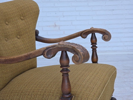 1960s Danish Armchair, Original Green Furniture Wool, Carved Oak Wood