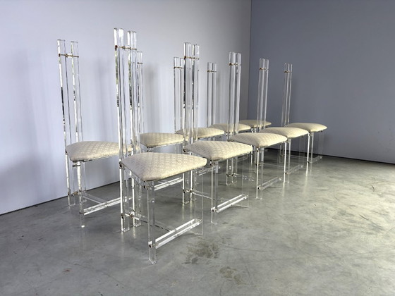 Sedie da pranzo in ottone e lucite, set di 10 - anni '70 – Plexiglass, Textile (photo 8 of 17)