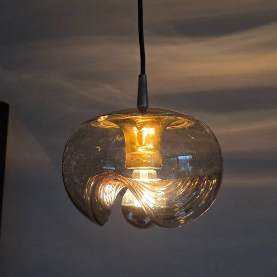 Image 1 of Vintage Space Age pendant lamp – Peill & Putzler “Wave” / “Futura” – 1970s Germany – Smoked glass and metal – Ø 22 cm. Gold.