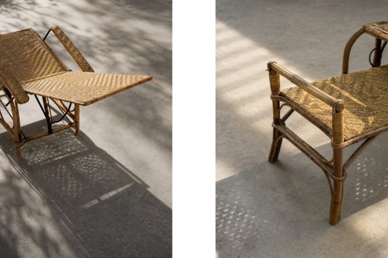 Image 1 of Sillón alemán antiguo de ratán con reposapiés extensible, de la década de 1930.