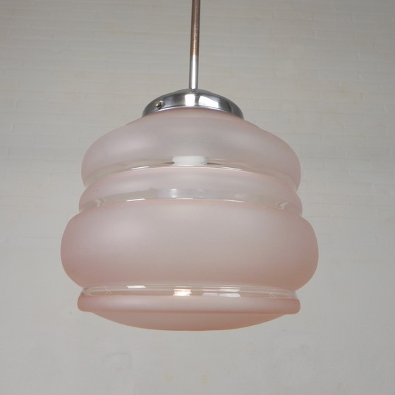 Image 1 of Lampada a sospensione Art Déco con paralume in vetro rosa, anni '30
