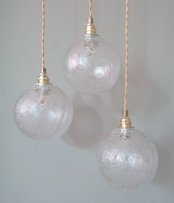 Set (3) Vintage Crackle Glass Sfera / Lampade a sospensione - Midcentury – Metal (photo 14 of 21)