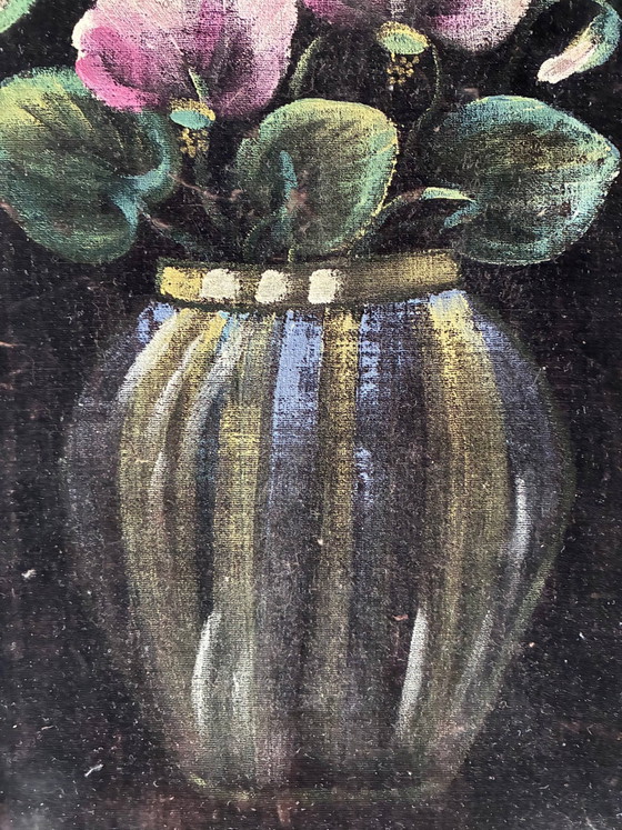 Image 1 of Vintage original velvet flower oil painting, pink flower still life art