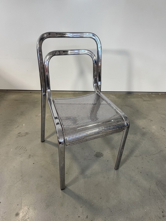 Image 1 of Set di 4 sedie da pranzo di design in metallo cromato Arrben, prodotte in Italia, impilabili.
