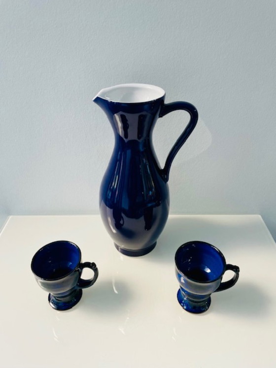 Image 1 of Servizio da tè scandinavo in ceramica blu cobalto: brocca e 2 tazze.