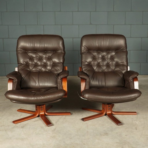 Poltrone girevoli vintage in pelle – Marrone – Anni '70 – fauteuils, Leather, Wood