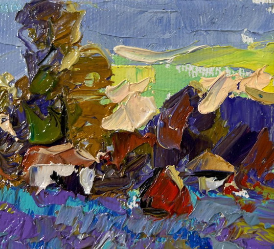 Image 1 of Original Oil Painting Summer Field Landscape Edge of the Village