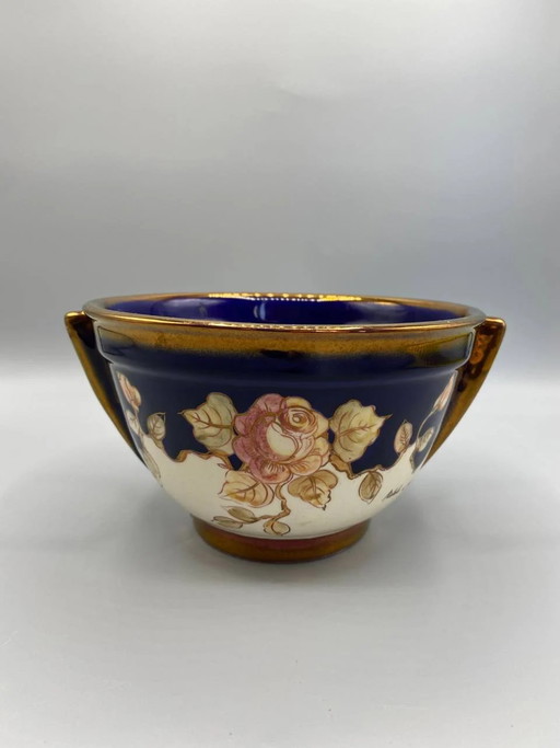 Ceramic two-handled cup – Cobalt blue and gilded roses – Signed Arnaldo – Spain – 1960s-1980s – servies