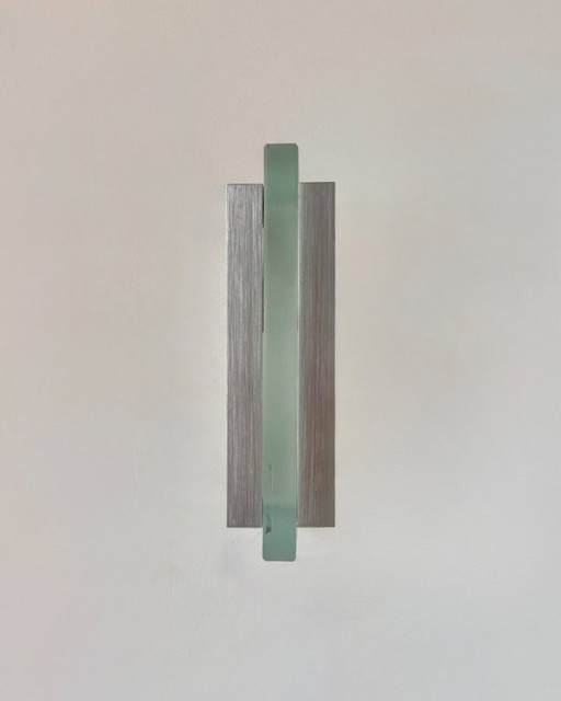 Paar Vintage Wandleuchten aus gebürstetem Metall und sandgestrahltem Glas, Frankreich 1980 – wandlampen (photo 2 of 6)