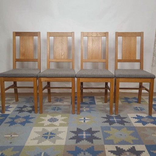 Set of 4 Brutalist chairs in oak and checkered fabric, Denmark, 1960s