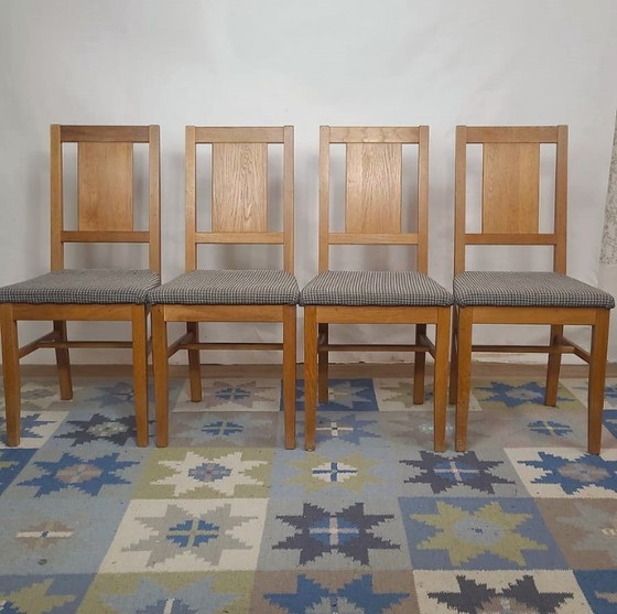 Image 1 of Set of 4 Brutalist chairs in oak and checkered fabric, Denmark, 1960s