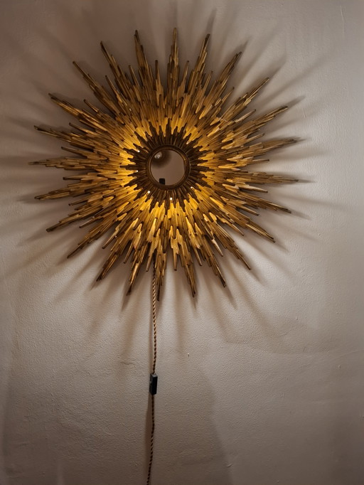 Luminous triptych sun mirror! 81cm from 1970. 9cm convex glass.