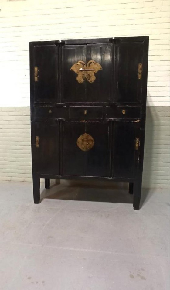 Image 1 of Vintage black lacquered and brass cabinet 