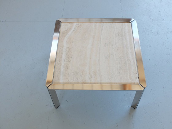 Image 1 of 1 Tavolino, acciaio inossidabile e pietra di travertino, Artelano France, anni '80.