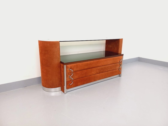 Image 1 of Coiffeuse vintage design italien en velours suédine, chrome, verre fumé et miroir des années 70 80