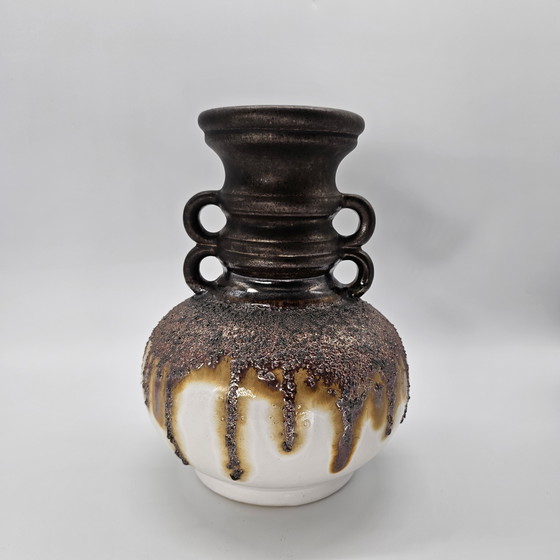 Image 1 of Vase Vintage West Germany Fohr Ceramic 70s 321-20 metallic glaze handle vase