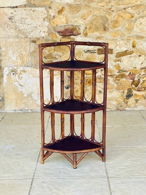 Mid-Century Bamboo & Rattan 3-Tier Corner Shelf, 1960s