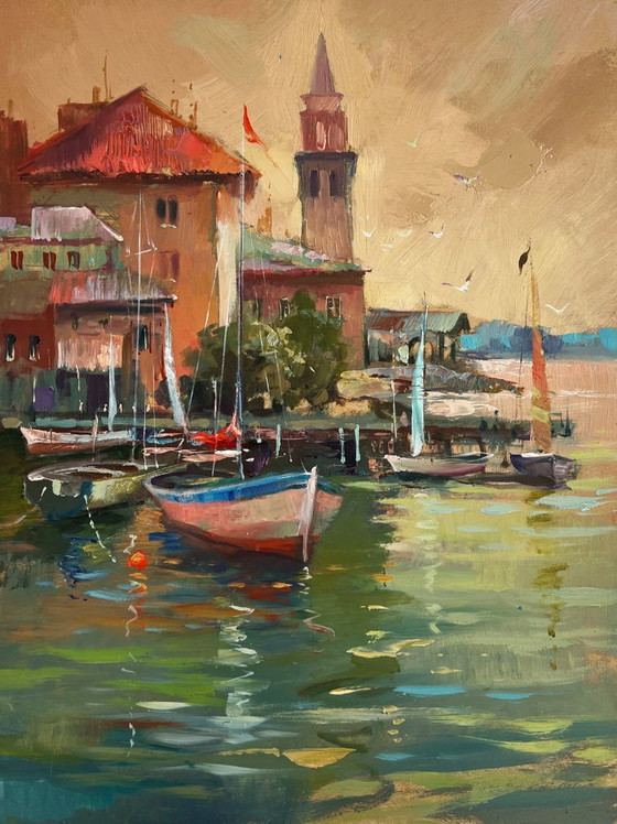 Image 1 of Original Oil Painting Evening City Landscape Venice port with sunset
