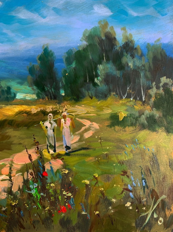 Image 1 of Original Oil Painting Summer Nature Landscape A light breeze on a flower field