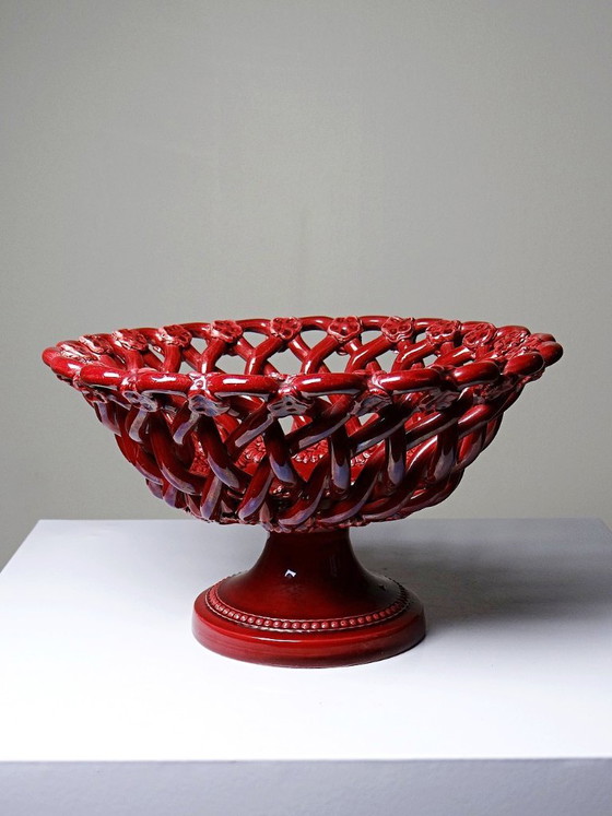 Image 1 of Piccola ciotola vintage Pichon Uzès in ceramica traforata rossa intrecciata, anni '70-'90.
