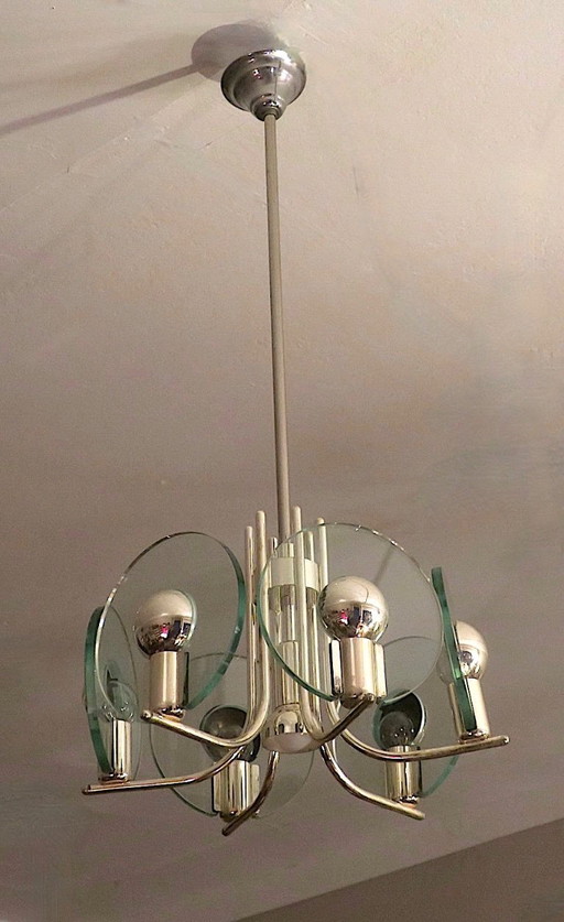 Silver Plated Chandelier with Six Crystal Glass Discs, Italy 1960s