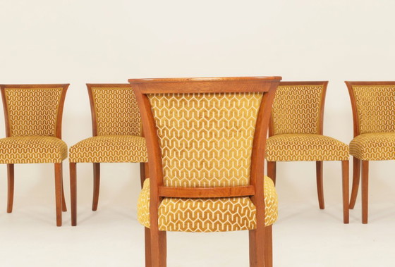 Image 1 of Eetkamerstoelen set van 6 art deco geometrische jacquard gouden honingraat