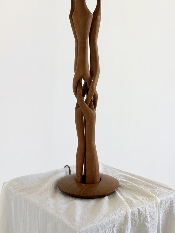 Image 1 of Sculptural hand-carved table lamp made of solid teak wood