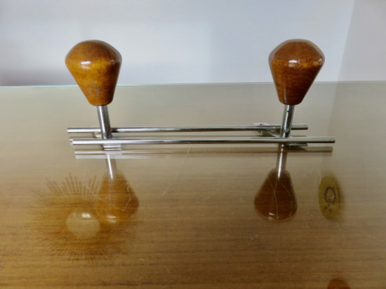 Image 1 of Porte manteau mural scandinave, bois et métal chromé, 60's 70's