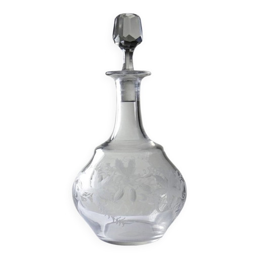 Antique engraved crystal carafe, floral decoration, Bohemia 19th-20th century.