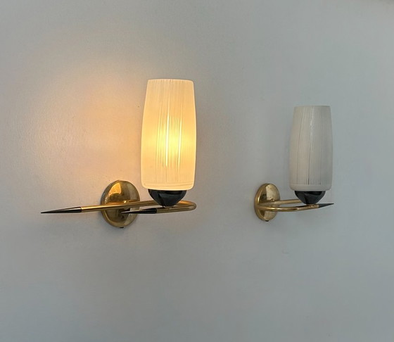 Image 1 of Coppia di applique vintage in ottone e vetro, Francia, anni '50