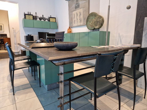 Custom-made desk made of natural stone and metal (2 pieces) and wall cabinets