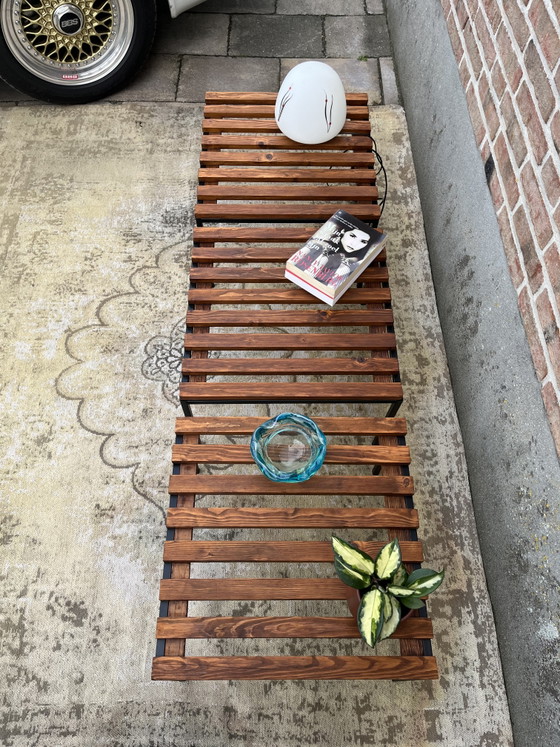 Unique set of three vintage mid-century MCM slat benches – Side tables, Wood, Metal (photo 8 of 11)