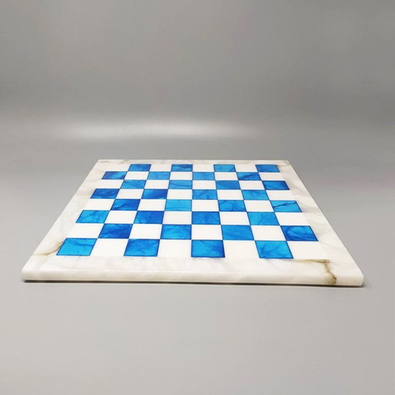 Image 1 of 1970s Gorgeous Sky Blue and White Chess Set in Volterra Alabaster Handmade. Made in Italy