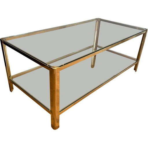 Mesa de centro vintage de doble tapa en bronce pulido y cristal, 1970