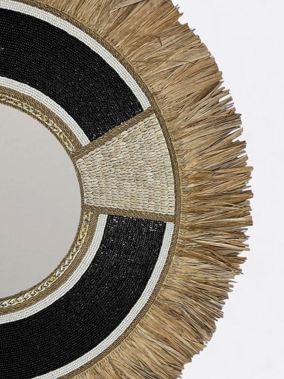 Image 1 of Large mirror made of pearls, shells and raffia
