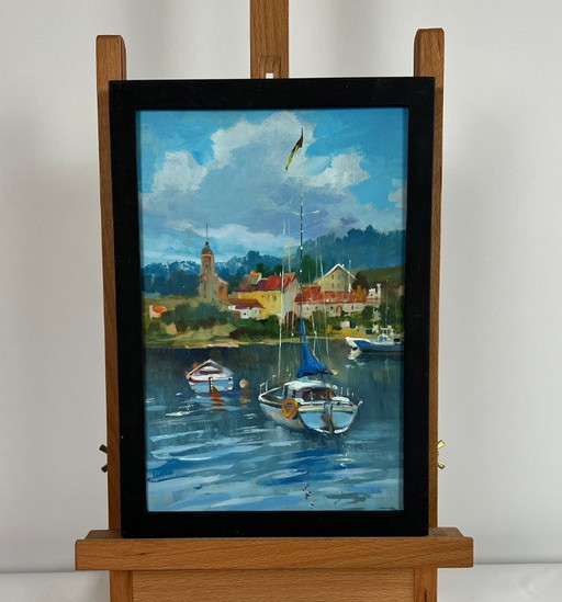 Origineel olieverfschilderij: Rivierboten, Landschap, Boten voor de kust van de stad