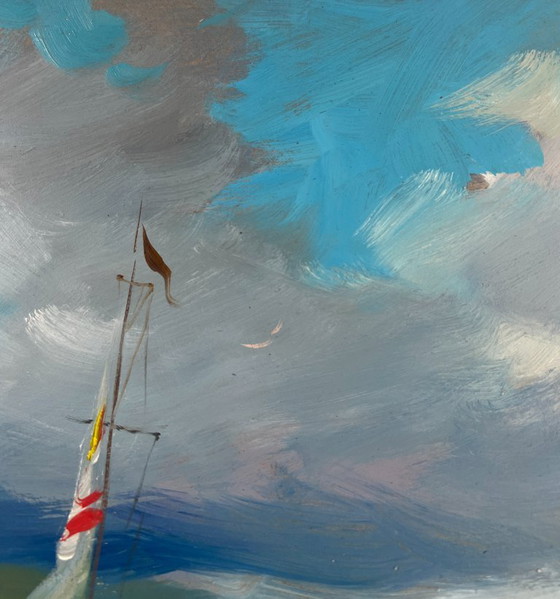 Image 1 of Peinture à l'huile originale Paysage côtier d'été Vagues de la mer et cris de mouettes