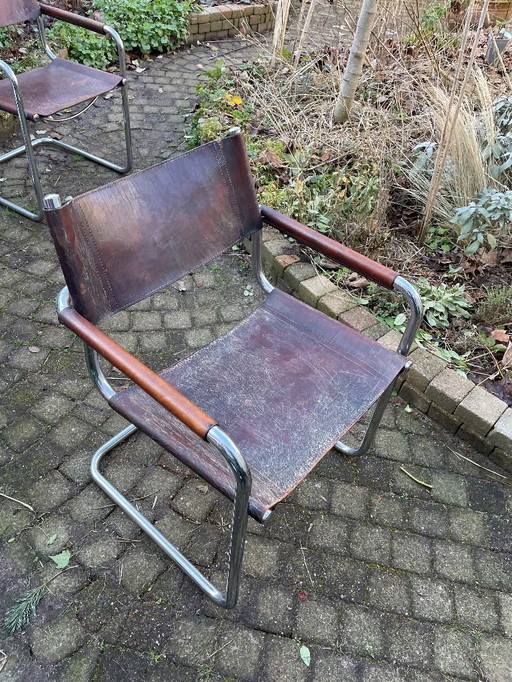 2 sedie tubolari in pelle marrone - vintage e di design - da restaurare