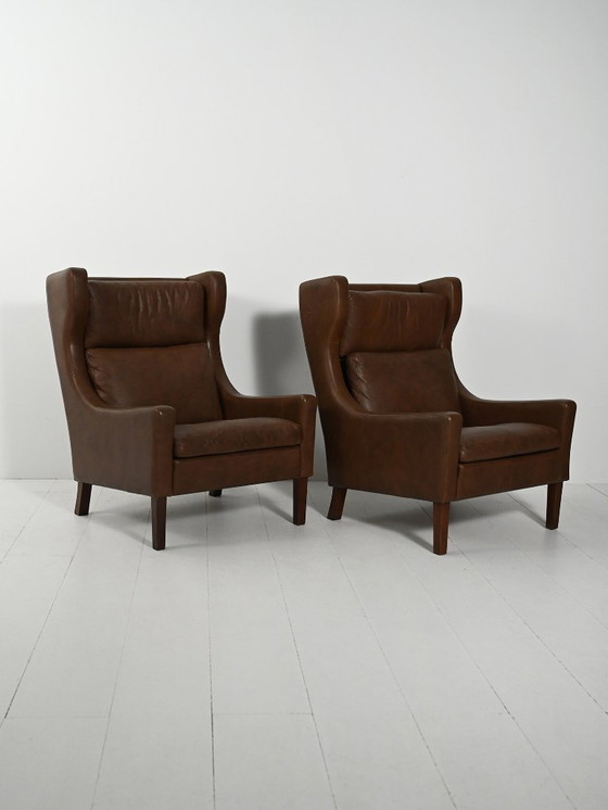Image 1 of Coppia di poltrone danesi vintage in pelle marrone