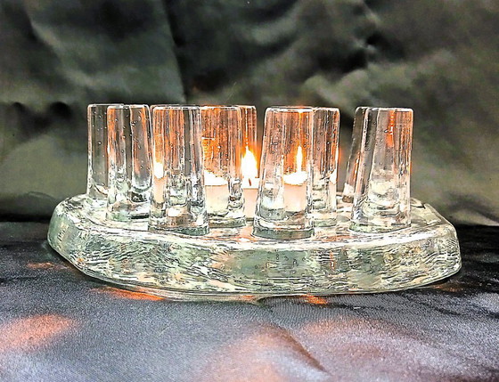 Image 1 of (W005) Vintage Georgshütte Brutalistische "Fire and  Ice" Theepotwarmer – Jaren 70 – Zwaar kristalglas