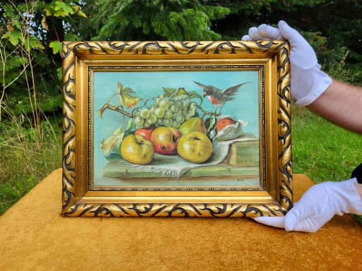 Vintage Oil on Canvas Fruit Still Life Painting with Bird – Beautifully Framed