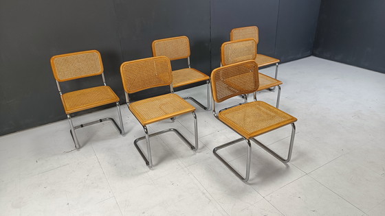 Image 1 of Ensemble de 6 chaises Cesca de style Marcel Breuer, fabriquées en Italie, années 1970