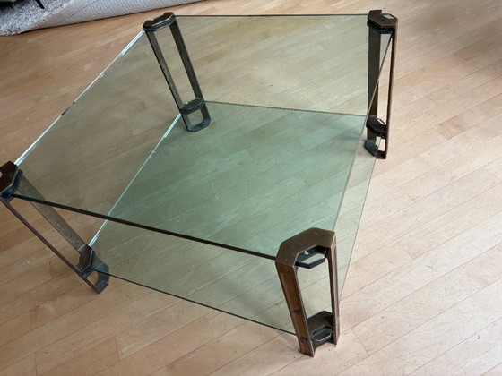 Image 1 of Tavolino da caffè vintage in vetro Peter Ghyzhi con gambe in ottone