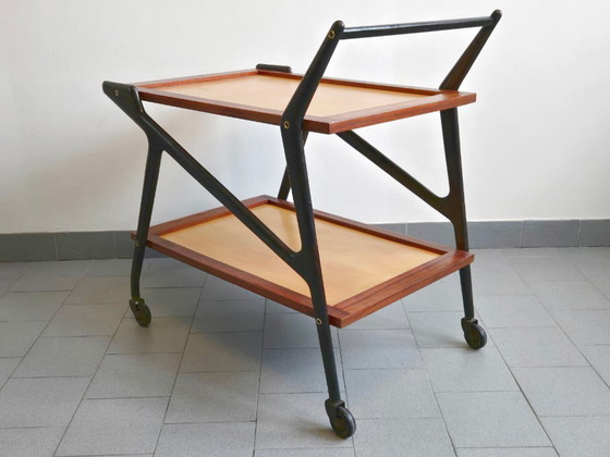 Image 1 of Vintage 1950s Rolling Bar Cart, Mahogany & Varnished Wood, 50s Rockabilly