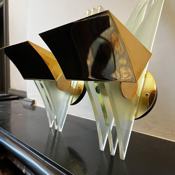 Hollywood Regency Wandlampen in vergulde messing voetstukken, 1970, Set van 2 – Metal, Glass, Art Deco (photo 6 of 15)