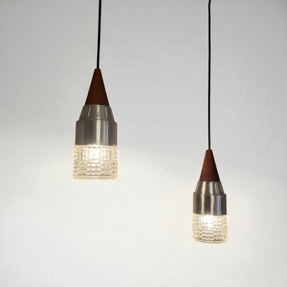 Image 1 of Skandinavisches Mid-Century Beleuchtungsset aus Teakholz, geschliffenem Glas und poliertem Metall (1950-60er Jahre)