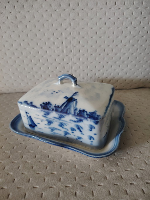 Delft antike Butterdose Blau handbemalt Holland Niederlande Landschaft 