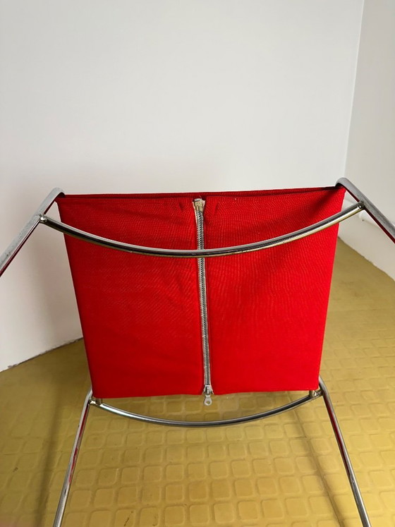 Image 1 of Chaise Delfina Enzo Mari pour Rexite 1974 Acier Chromé Tissu Kvadrat Field 2 Rouge Compasso d'Oro