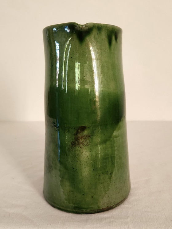 Image 1 of Large vintage green glazed ceramic pitcher